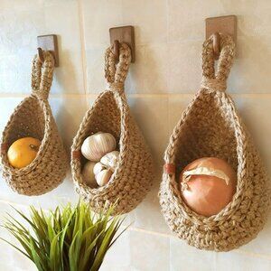 Set of 3 Hanging Fabric Baskets | Light Brown Storage | Kitchen & Home Organizer